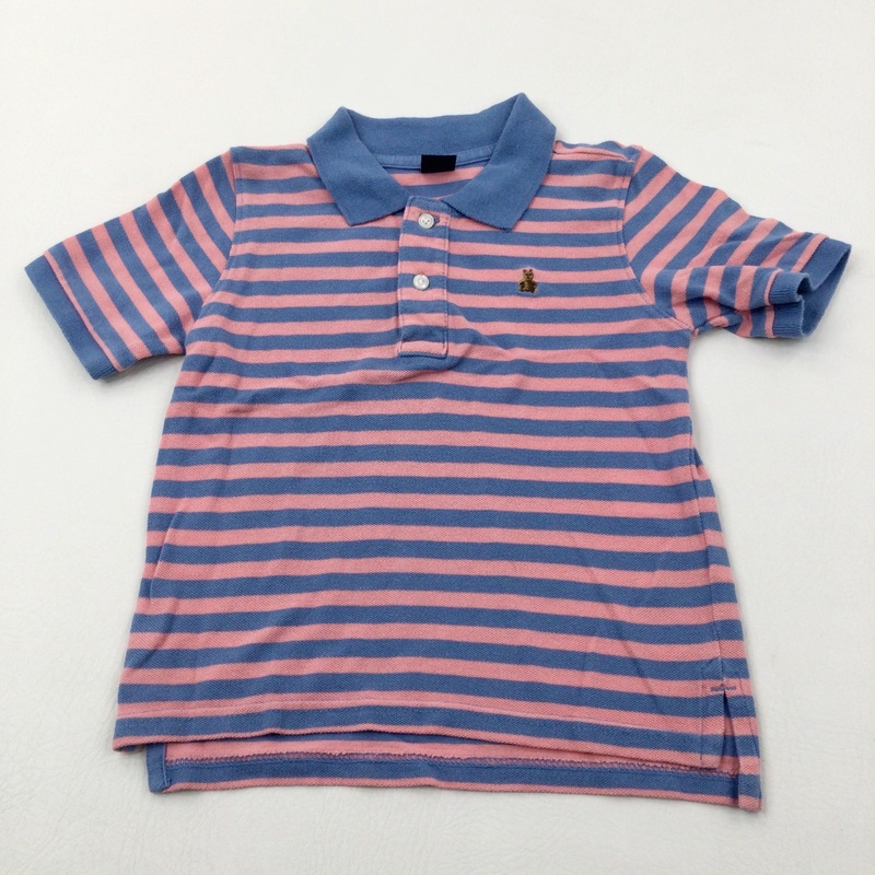 Teddy Motif Blue & Pink Striped Polo Shirt - Boys 3-4 Years