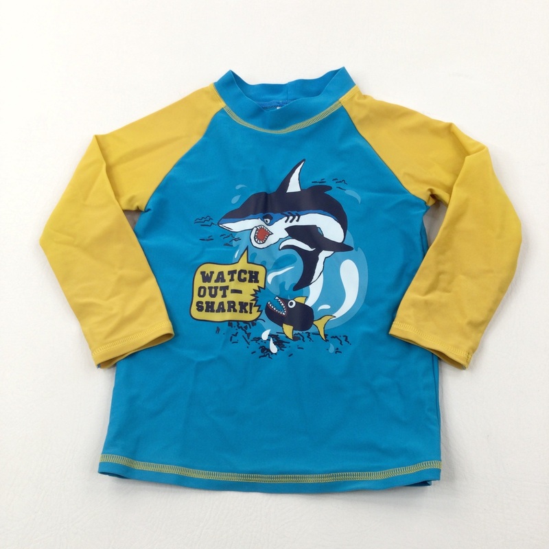 'Watch Out - Shark!' Blue & Mustard Swimming Rash Vest Top - Boys 3-4 Years