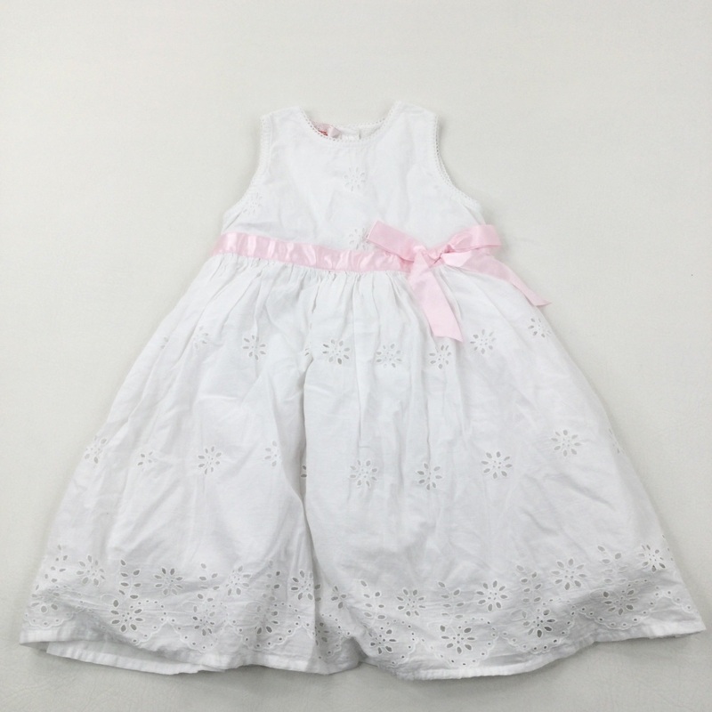 White Broderie Anglaise Lined Cotton Party Dress With Pink Ribbon  - Girls 3-4 Years