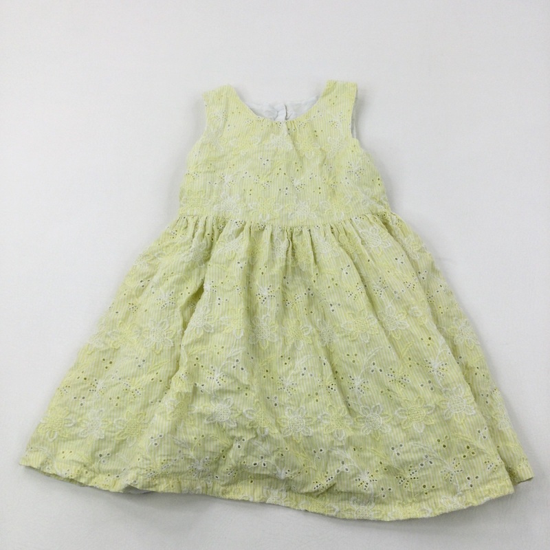 Yellow & White Striped Broderie Anglaise Lined Cotton Summer Dress - Girls 4-5 Years