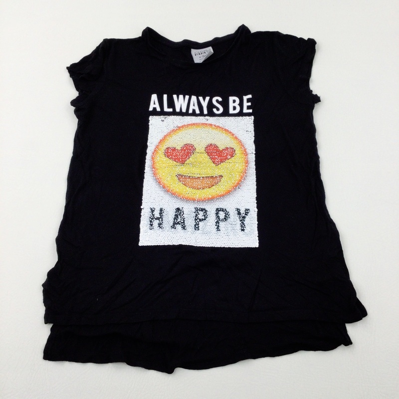 'Always Be Happy' Smiley Face Sequin Flip Black T-Shirt - Girls 12-13 Years