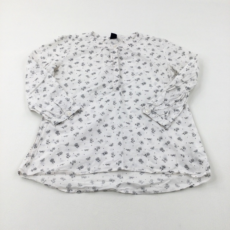 Flowers White Cotton Long Sleeve Shirt - Girls 12-13 Years