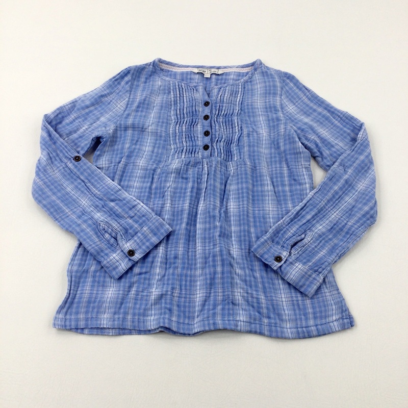 Light Blue Checked Cotton Long Sleeve Shirt - Girls 12-13 Years