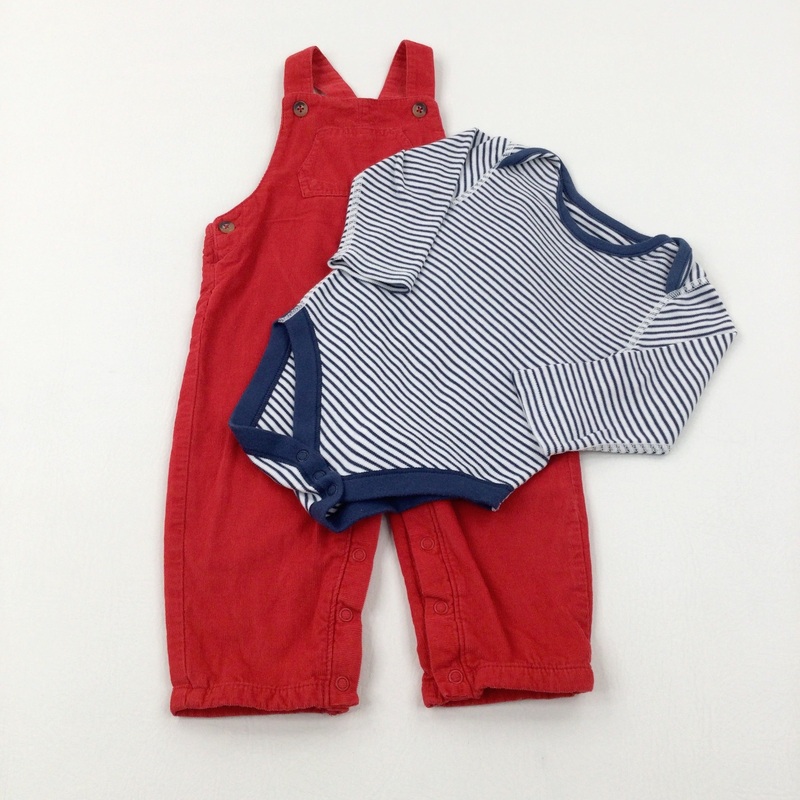 Navy Striped Long Sleeve Bodysuit & Red Cord Dungarees Set - Boys 9-12 Months