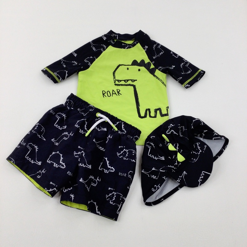'Roar' Dinosaurs Black & Yellow Beach Top Swim Shorts & Sun Hat Set - Boys 2-3 Years
