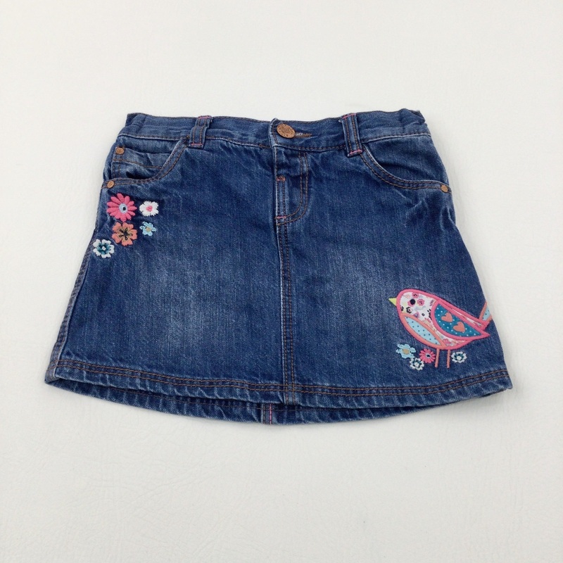 Bird Appliqued Mid Blue Denim Skirt With Adjustable Waist - Girls 2-3 Years