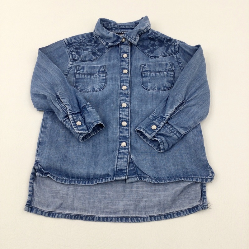 Flowers Embroidered Light Blue Denim Effect Long Sleeve Shirt - Girls 2-3 Years