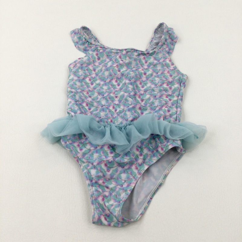 Patterned Mermaid Turquoise & Pink Swimming Costume With Ruffle - Girls 6-7 Years