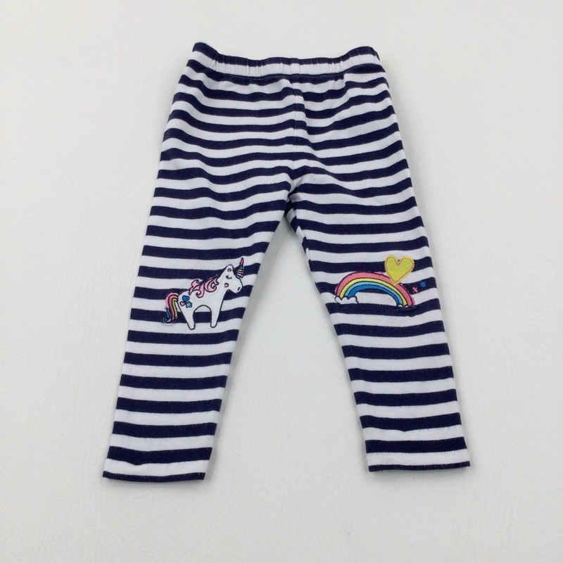 Rainbow & Unicorn Appliqued Navy Striped Leggings - Girls 12-18 Months