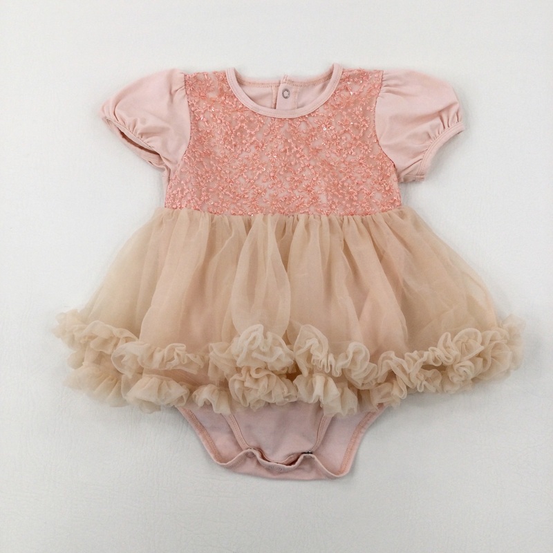 Sequinned & Embroidered Peach Dress With Attached Bodysuit - Girls 9-12 Months