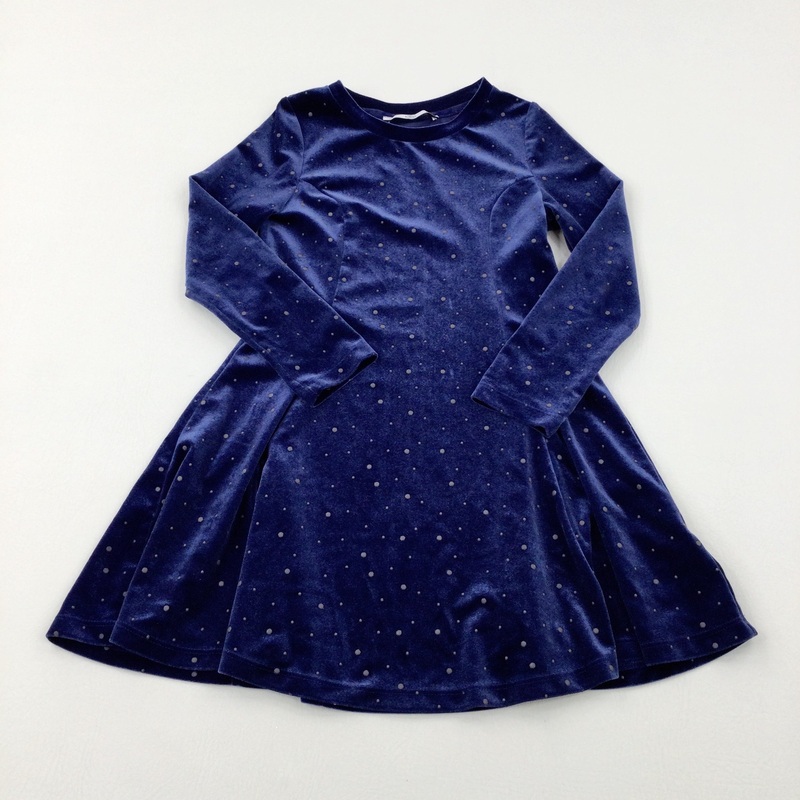 Textured Spotty Navy Velour Party Dress - Girls 6-7 Years