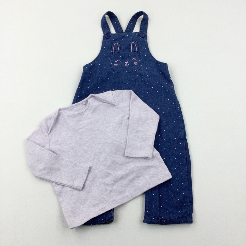 Cat Embroidered Spotty Navy Dungarees & Lilac Long Sleeve Top Set - Girls 12-18 Months