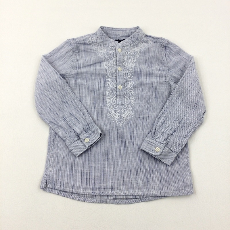 Flowers Embroidered Light Blue Long Sleeve Cotton Shirt - Girls 3-4 Years