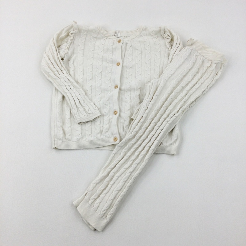 Patterned White Knitted Cardigan & Trousers Set - Girls 3-4 Years