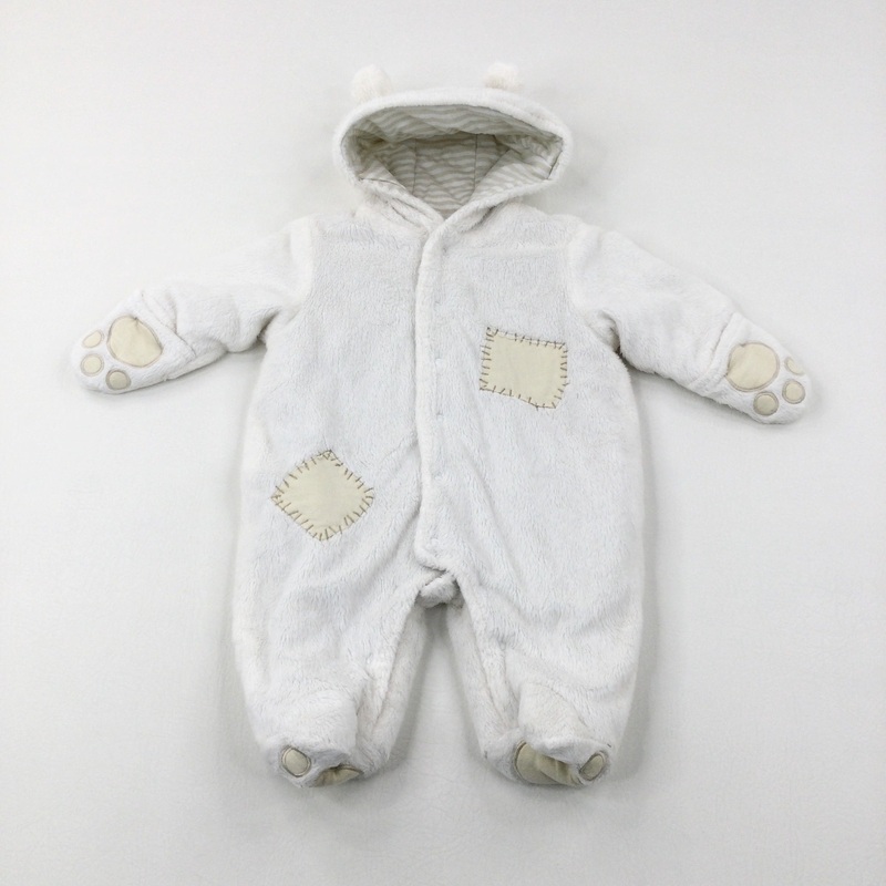 Teddy Appliqued Cream Fluffy Winter Pramsuit - Boys 0-3 Months