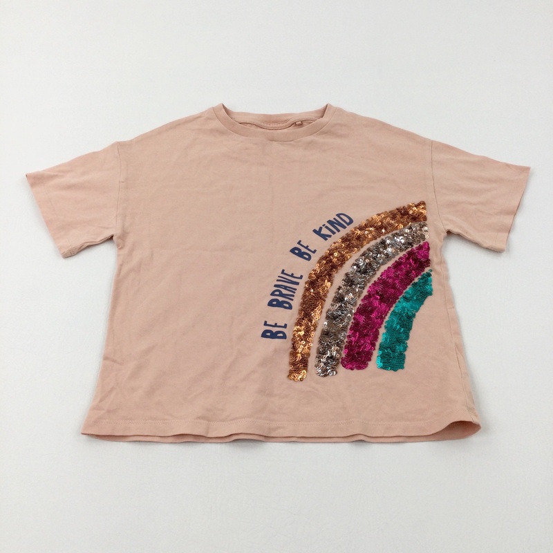 'Be Kind' Sequinned Rainbow Coral Pink T-Shirt - Girls 4-5 Years
