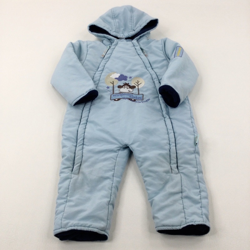 'Mischievous Monkey' Embroidered Light Blue Pramsuit - Boys 18-24 Months