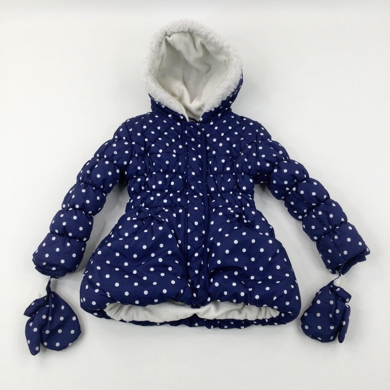Spotty Navy Fleece Lined Winter Coat With Detachable Mittens - Girls 5-6 Years