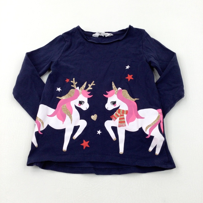 Unicorns/Reindeer Glittery Navy Long Sleeve Top - Girls 3-4 Years