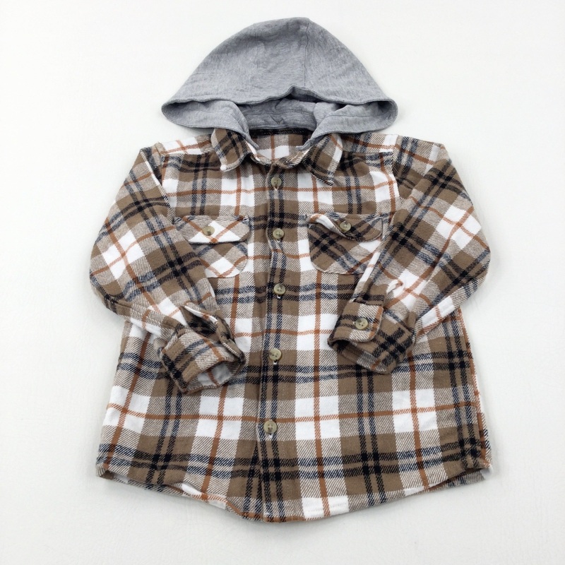 Beige Checked Long Sleeve Hooded Shirt - Boys 4-5 Years