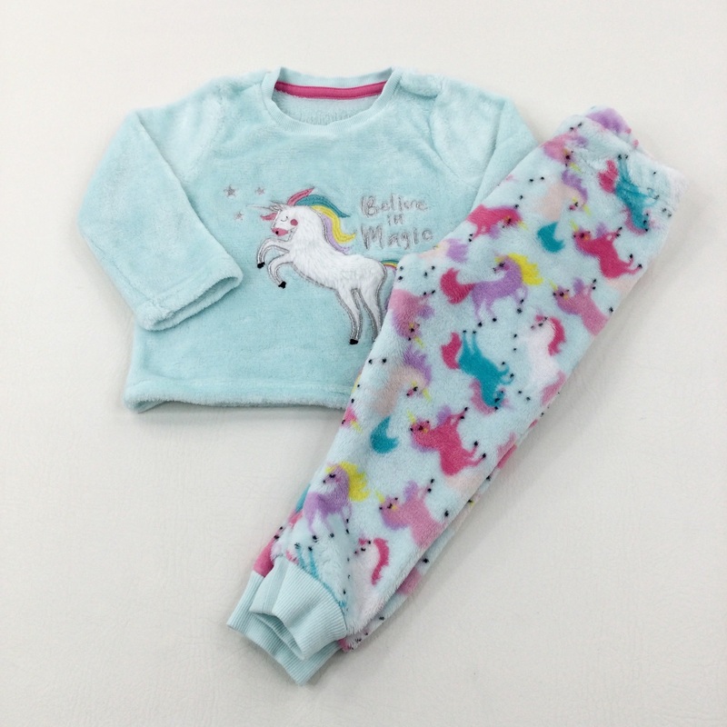 'Believe In Magic' Unicorn Appliqued Mint Green Fluffy Pyjamas - Girls 12-18 Months