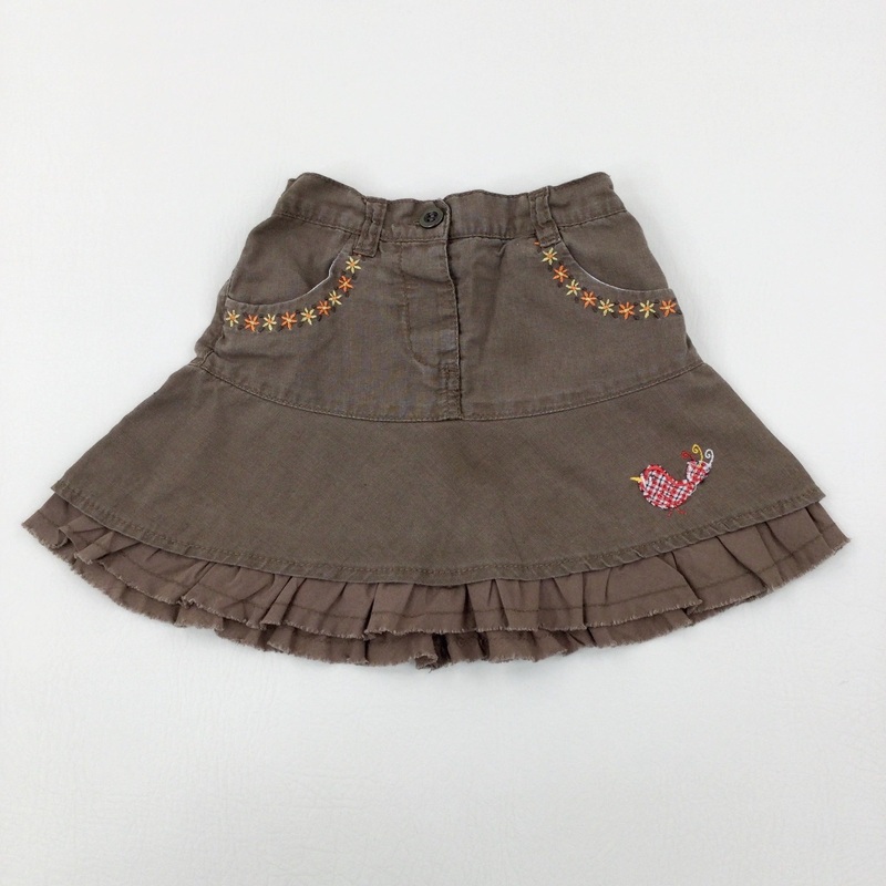 Bird & Flowers Embroidered Brown Layered Skirt - Girls 18-24 Months