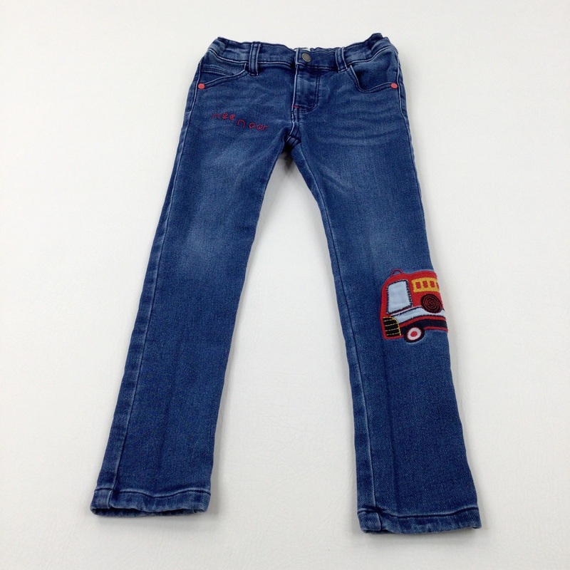 'Nee Noor' Fire Engine Appliqued Mid Blue Denim Jeans With Adjustable Waist - Boys 5-6 Years