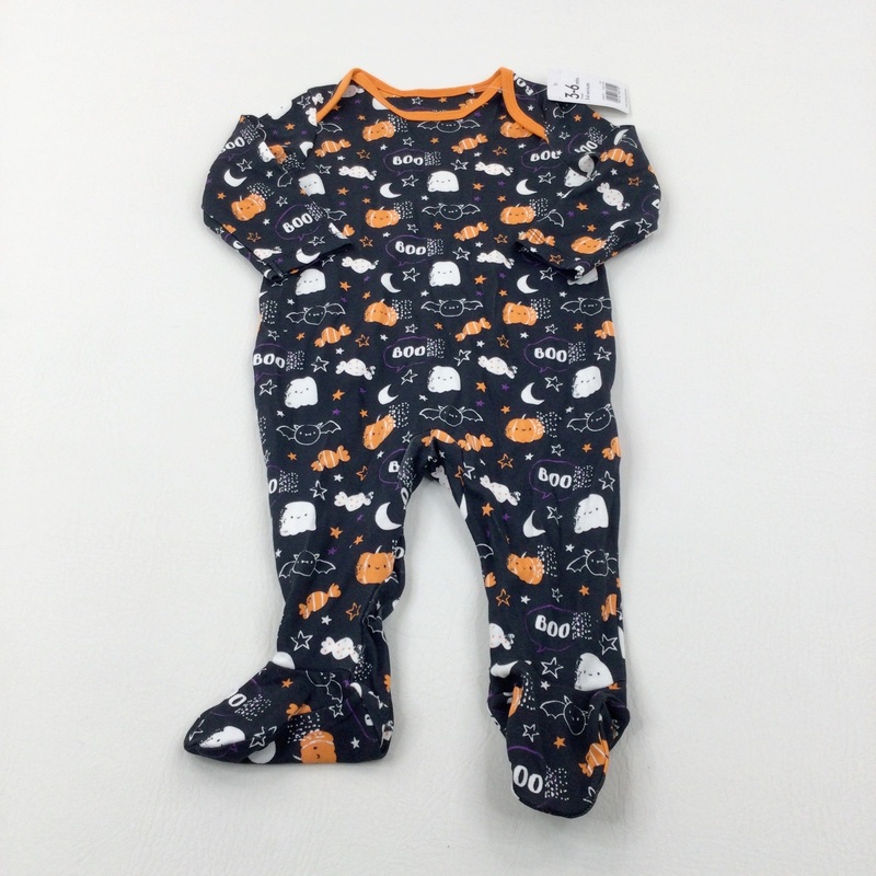 **NEW** 'Boo' Bats & Ghosts Colourful Black Babygrow - Boys/Girls 3-6 Months