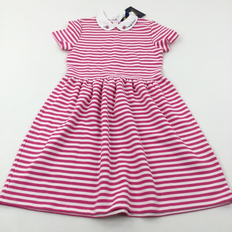 **NEW** Ralph Lauren Flowers Embroidered Pink Striped Dress - Girls 12-13 Years