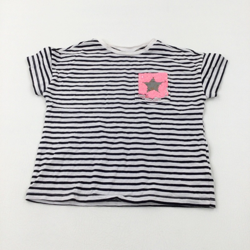 Star Sequin Flip Black Striped T-Shirt - Girls 5-6 Years
