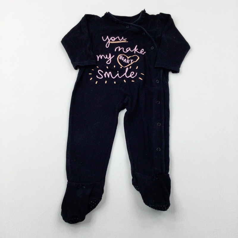 'You Make My Heart Smile' Black Cotton Babygrow - Girls 12-18 Months