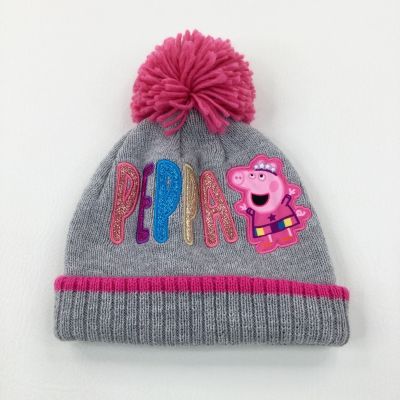 'Peppa' Pig Appliqued Glittery Pink & Grey Knitted Winter Bobble Hat - Girls 3-4 Years