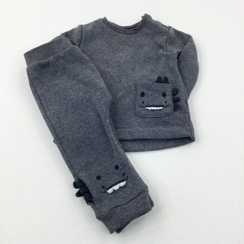 Smiley Monsters Appliqued Charcoal Grey Sweatshirt & Jogger Set - Boys 9-12 Months