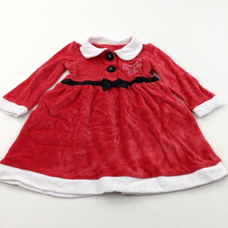 'Mummy's Christmas Cutie' Father Christmas Red Velour Dress - Girls 12-18 Months
