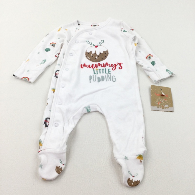 **NEW** ''Mummy's Little Pudding' Christmas White Babygrow - Boys/Girls 0-3 Months