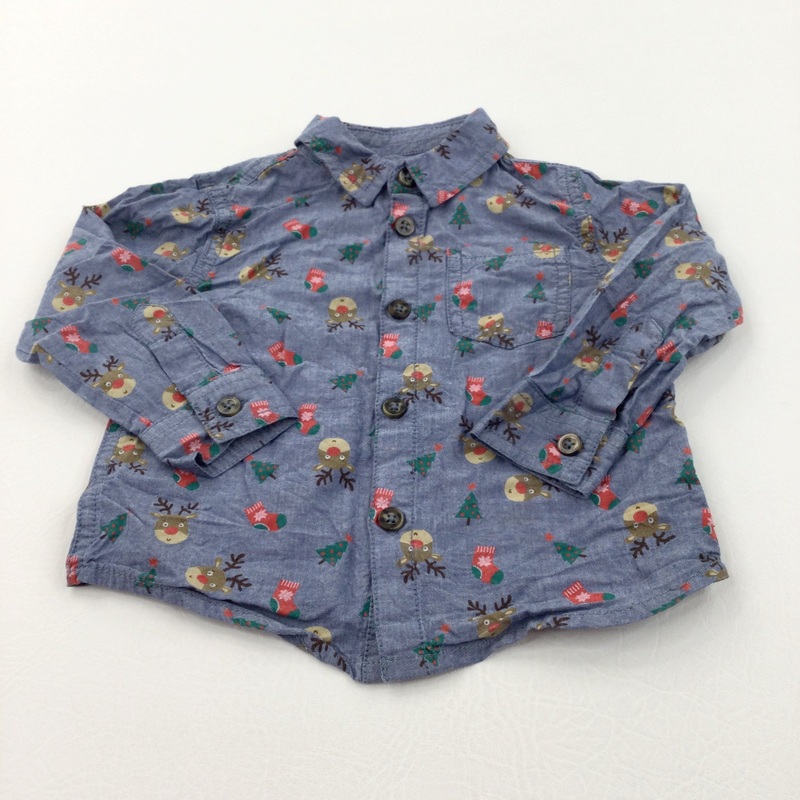 Reindeer & Stockings Blue Christmas Shirt - Boys 12-18 Months