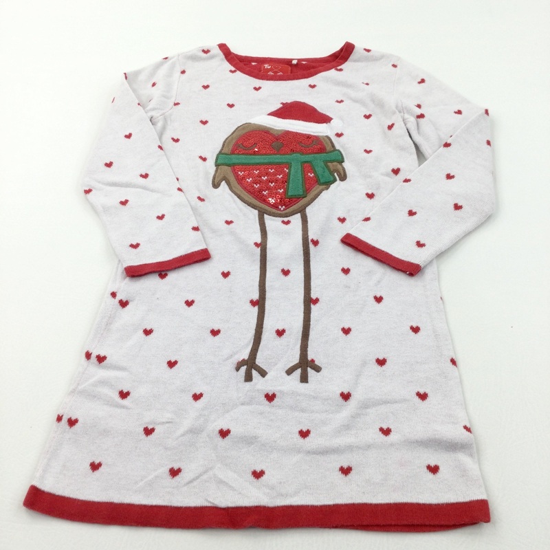 Robin & Hearts Red & White Knitted Christmas Dress - Girls 4-5 Years