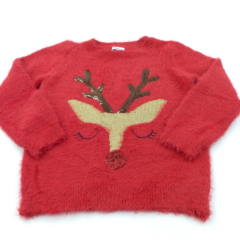 Sparkly Rudolph Reindeer Fluffy Red Christmas Jumper - Girls 7-8 Years