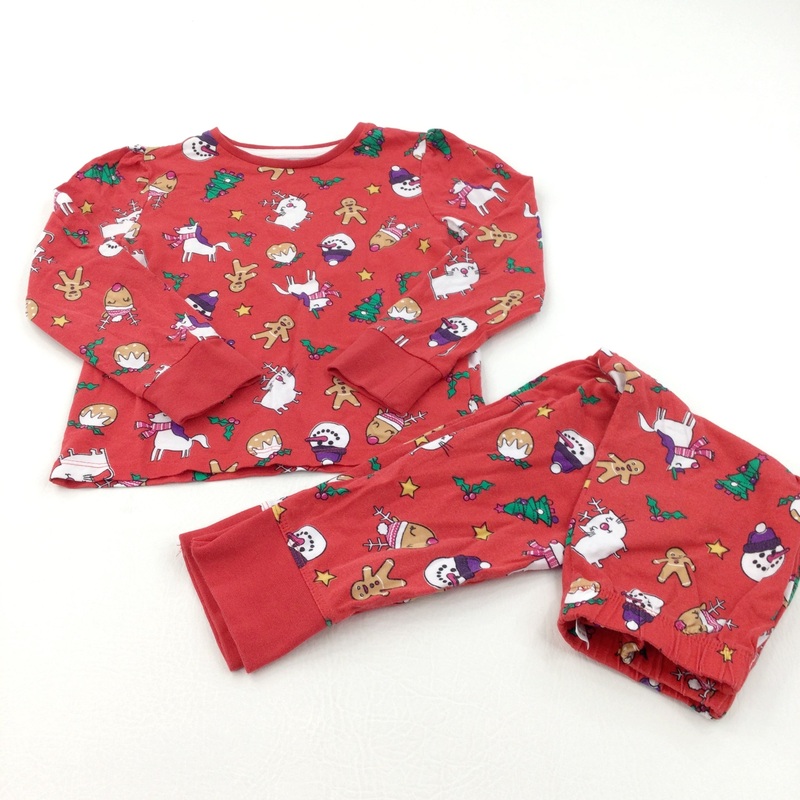 Unicorns, Snowmen & Christmas Trees Red Pyjamas - Girls 3-4 Years