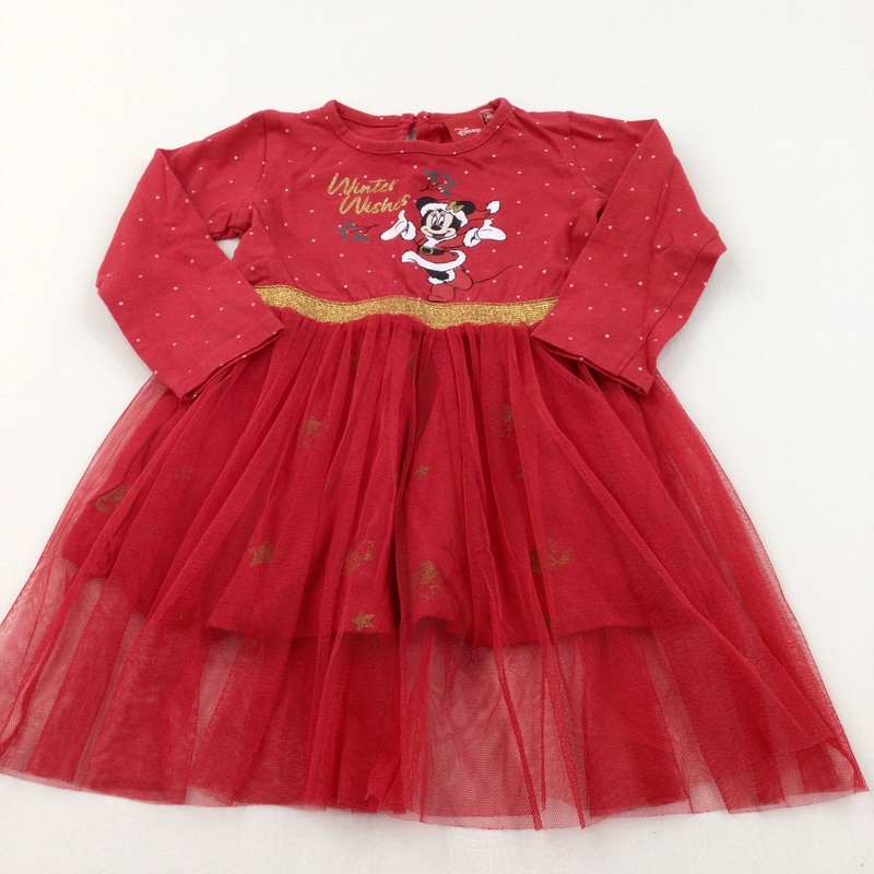 Winter Wishes Minnie Mouse Red & Gold Christmas Dress - Girls 12-18 Months