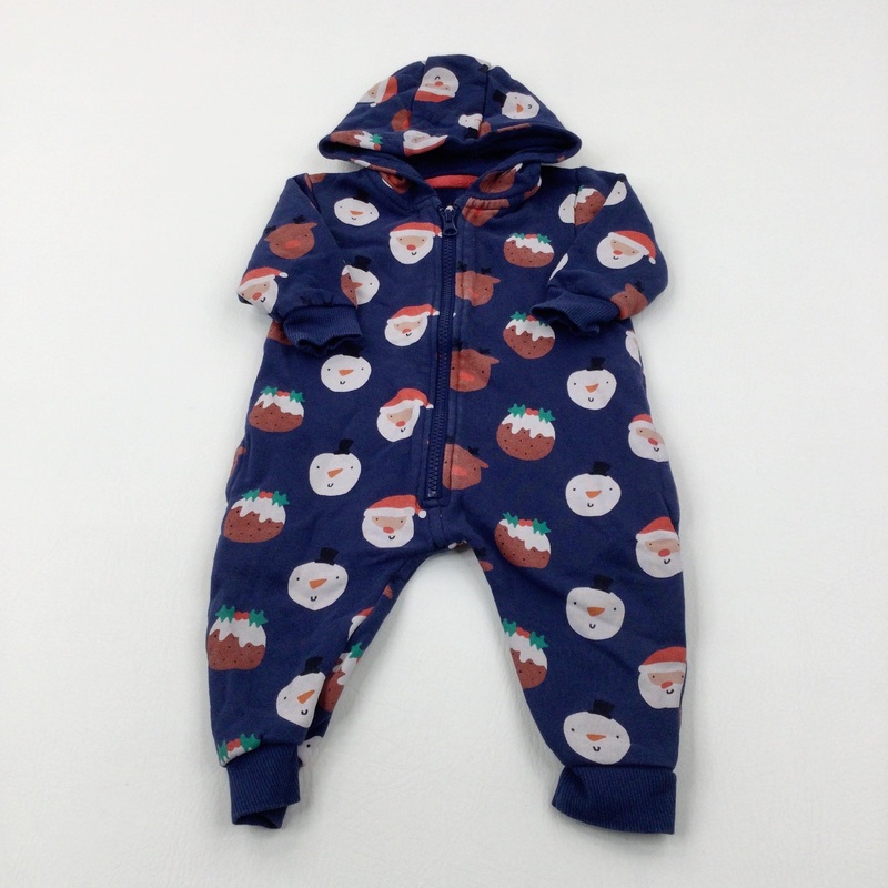 Christmas Puddings & Snowmen Navy Fleece Lined Hooded Onesie - Boys/Girls 6-9 Months