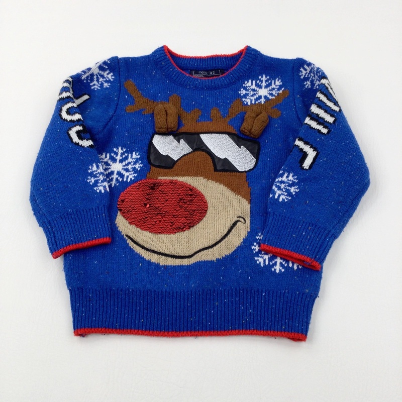'Cool' Reindeer Sequin Flip Snowflakes Blue Knitted Jumper - Boys 3-4 Years