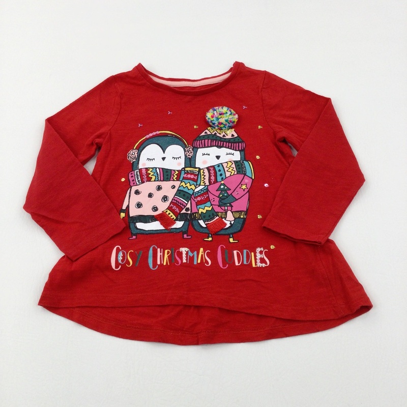 'Cosy Christmas Cuddles' Penguins Sequinned Red Long Sleeve Top - Girls 3-4 Years