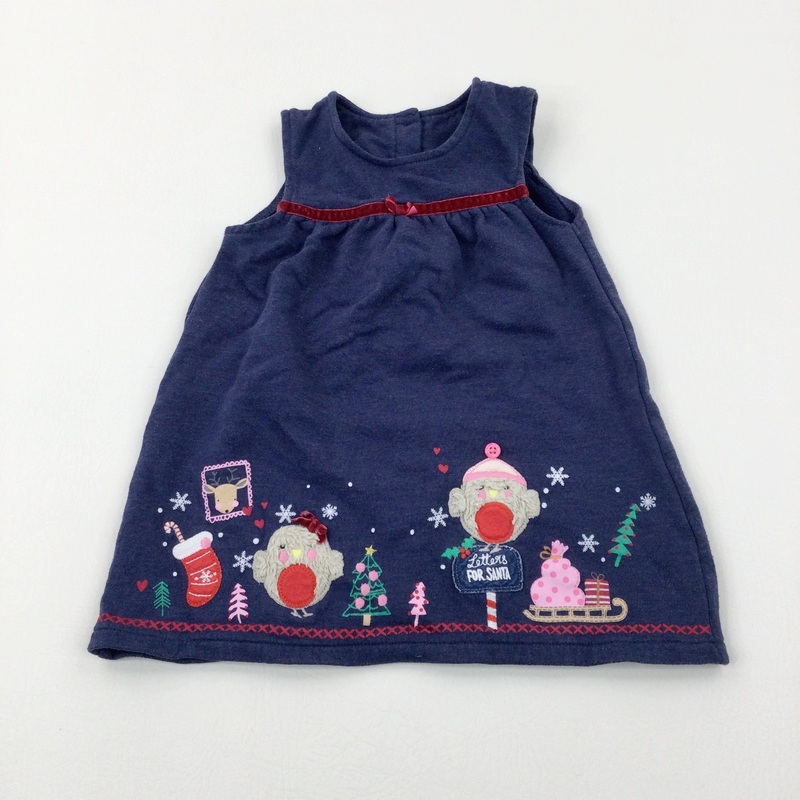 'Letters For Santa' Robins Appliqued Navy Dress - Girls 12-18 Months
