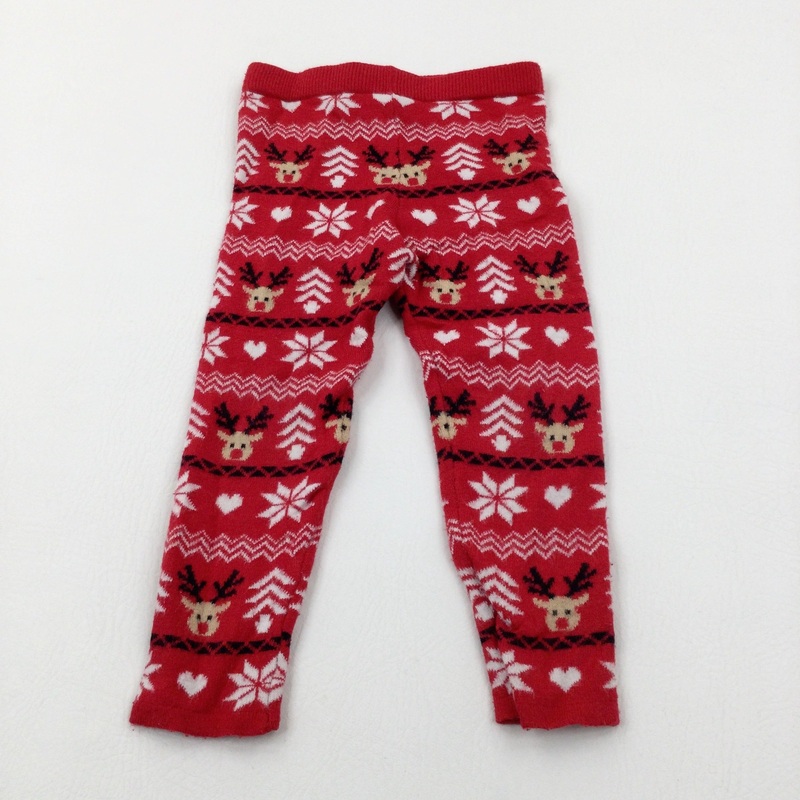 Reindeer & Christmas Trees Red Knitted Leggings - Girls 3-4 Years