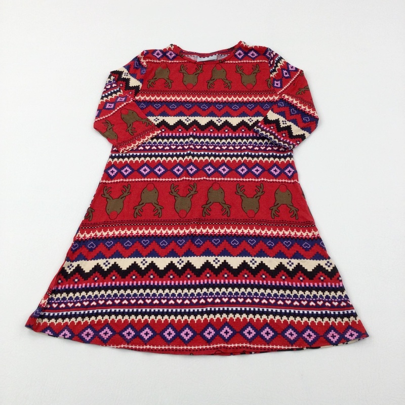 Reindeer Colourful Red Jersey Dress - Girls 6-7 Years