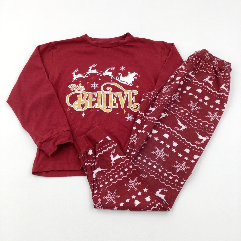 'We Believe' Father Christmas & Sleigh Burgundy Pyjamas - Girls 7-8 Years