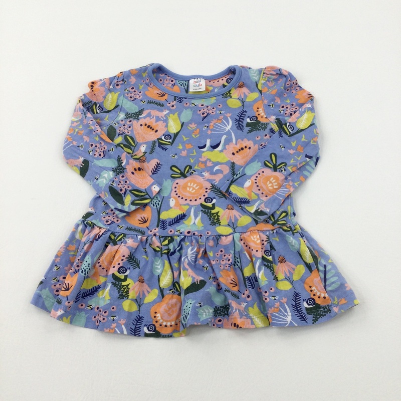 Wildlife Blue Cotton Long Sleeve Dress - Girls 9-12 Months