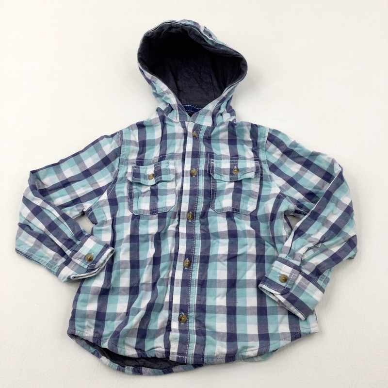 Blue Checked Lined Hooded Cotton Long Sleeve Shirt - Boys 5-6 Years