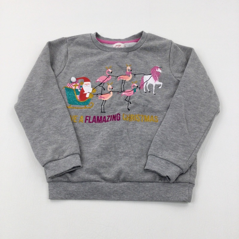 'Have A Flamazing Christmas' Father Christmas & Flamingoes Glittery Grey Sweatshirt - Girls 8-9 Years